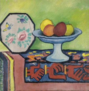 Still life with bowl of apples and Japanese fan