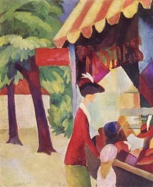 August Macke - A Woman With Red Jacket And Child Before The Hat Store
